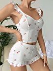 Kadın Gül ve Kiraz Desenli Şortlu Gecelik Takım 5112