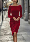 Kadın Uzun Kollu Kayık Yaka Mini Kadife Elbise