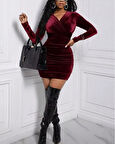 Kadın Uzun Kollu çapraz Yakalı Mini Kadife Elbise