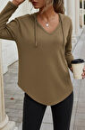 Kadın Uzun Kollu V Yakalı Kapşonlu Waffle Bluz