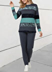 Kadın Uzun Kollu Bisiklet Yaka çizgili Desen Iki Iplik Bluz Ve Pantolon Ikili Takım