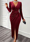 Kadın Uzun Kollu Kruvaze Yaka önünden çapraz Detaylı Uzun Kadife Elbise
