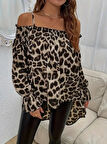 Kadın Ip Askılı Omuzlardan Açık Leopar Desenli Asimetrik Kesim Süprem Bluz