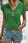 Kadın Kısa Kollu V Yakalı Düğmeli Keten Bluz