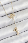 Pirinç Zirkon Taşlı Sallantılı Ayıcıklı Yıldız Model Gold Renk Kadın Kolye