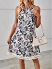 Kadın Halter Yaka Eteği Püsküllü Boyundan Bağlamalı çiçek Desen Süprem Elbise