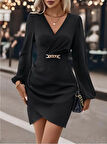 Kadın Uzun Kollu Kruvaze Yaka Yandan Büzgülü Asimetrik Detaylı Ithal Krep Mini Elbise