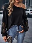 Kadın Uzun Kollu Tek Omuzu Açık Dantelli Viskon Iki Iplik Bluz