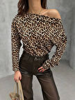 Kadın Leopar Desenli Düşük Omuzlu Bluz