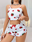 Kadın Beyaz Çilek desenli Şortlu Pijama Takımı 5053