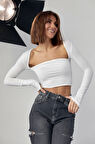 Kara Yaka Uzun Kollu Crop - Beyaz