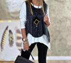 Kadın Siyah Deri Yelekli Kolye Dahil üçlü Takım