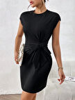Kadın Kısa Kap Kollu Bisiklet Yaka Belden Bağlamalı Modal Mini Elbise