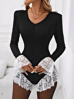 Kadın V Yaka Uzun Kollu Gizli Fermuar Dekolte Ve Dantel Volan Detay Mini şort Tulum