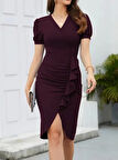 Kadın Kısa Kollu V Yakalı önden Fırfırlı Ithal Krep Elbise