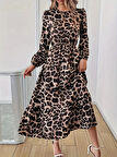 Uzun Kollu Bisiklet Yaka Leopar Desenli Midi Süprem Elbise
