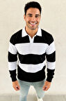 Erkek Polo Yaka Uzun Kollu Çizgili Sweatshirt Trend Rugby Stil - Siyah