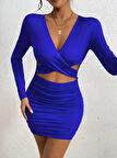Kadın Uzun Kollu çapraz Dekolte Detaylı Mini Sandy Elbise