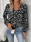 Kadın Uzun Kollu V Yakalı çiçek Desenli Modal Bluz