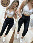 Kadın Yüksek Bel Lastikli Yan şerit Detaylı Deri Pantolon