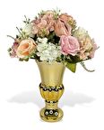 Yapay Çiçek Aranjmanı Pembe Krem Pudra Rengi Gold Altın Cam Kupa Vazoda Nişan Çiçeği İsteme Çiçeği