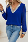 Kadın Uzun Kollu V Pulpayet Yakalı Ithal Krep Bluz
