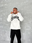 Unisex Üç İplik Kapşonlu Baskılı weathirt  Beyaz