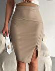 Kadın Fermuarlı Deri Kumaş Mini Etek