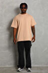 Unisex Oversize Düz Bisiklet Yaka Thirt  Bej