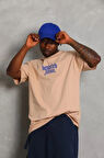 Unisex Oversize Baskılı Bisiklet Yaka Thirt  Bej