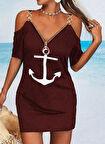 Fermuar Detay çıpa Baskılı Zincir Askılı Iki Iplik Elbise  Bordo