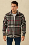 Erkek Ekose Desenli Düğmeli Polar Yakalı Uzun Kollu Gömlek Oversize Rahat Kalıp  Füme