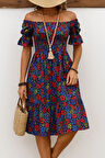 Kadın Kısa Kollu Kare Yakalı Beli Lastikli çiçek Desenli Mini Süprem Elbise