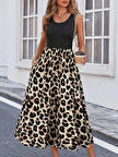 Kadın Askılı Yuvarlak Yaka üst Viskon Alt Leopar Desenli Süprem Uzun Elbise