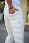 Erkek Cizgili Dokuma Krep Jogger Buggy Pantalon Rahat Kalıp  Beyaz