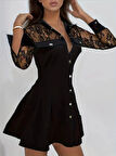 Kadın Uzun Kollu Yakalı önden Düğmeli Cep Detaylı Mini Modal Elbise