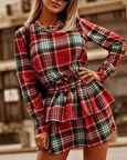 Kadın Ekose Kumaş Dijital Baskılı Uzun Kollu Mini Boy Elbise