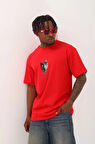 Unisex Oversize Baskılı Bisiklet Yaka Thirt  Kırmızı