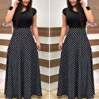 Kadın Kısa Kollu Puan Desen Tam Boy Krep Elbise