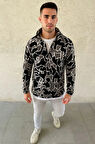 Erkek Yarım Fermuarlı Desenli Polar weat Yakalı, Uzun Kollu, Oversize Rahat Kalıp  iyah