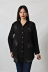 SB-092 SİYAH GÜMÜŞ YALDIZLI GÜNEŞ DESENLİ KOLU APOLETLİ YANDAN CEPLİ  TUNİK GÖMLEK KADIN BÜYÜK BEDEN 