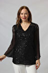 3251SİYAH PULPAYET ORGANZE KOLLU DANTEL KOMBİN BÜYÜK BEDEN ŞIK BLUZ