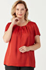 3202 Damla Yaka Saten Kısa Kollu Büyük Beden Şık Bluz Tarçın
