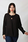 SB-073 KOLU APOLETLİ YAKASI DÜĞME AKSESUARLI GİZLİ PİLELİ KETEN KADIN BÜYÜK BEDEN SİYAH BLUZ  