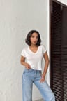 Kadın Somon V Yaka Kısa Basic T-Shirt NJ138