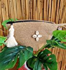 El yapımı hasır püsküllü fermuarlı minibag, el çantası, mini çanta