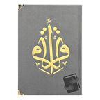 Kuranı Kerim Hafız Boy Kadife Nakışlı Gri