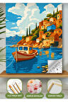 Sayılarla Boyama Seti 40x50 Cm (Çıtalı) Fırça Boya Dahil Numaralı Tuval Deniz Sandal Bina Manzaralı