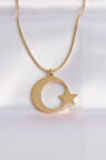 316L Çelik Zincir Gold Renk Ay Yıldız Unisex Kolye - TJ-BKO8699