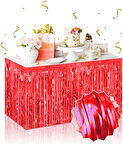Kendinden Yapışkanlı Kırmızı Metalize Püsküllü Masa Eteği – 75 x 275 cm Parti Süslemesi